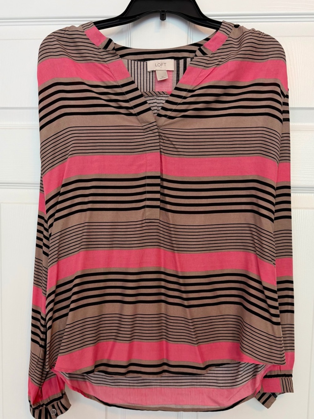 LOFT Pink, Tan and Black Striped V-Neck Blouse